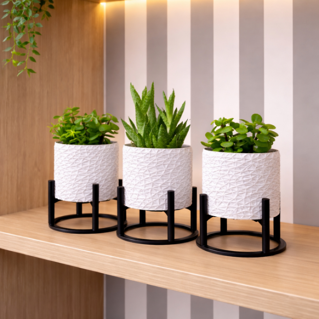 Kit 3 Vasos Decorativos para Suculentas Craquelados com suporte de pezinho Cachepot