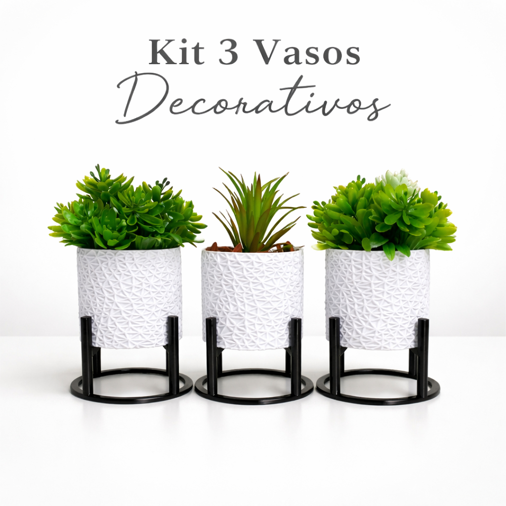Kit 3 Vasos Decorativos Pequenos 3D Craquelados com Pezinhos – Decoração Sala Quarto Escritório
